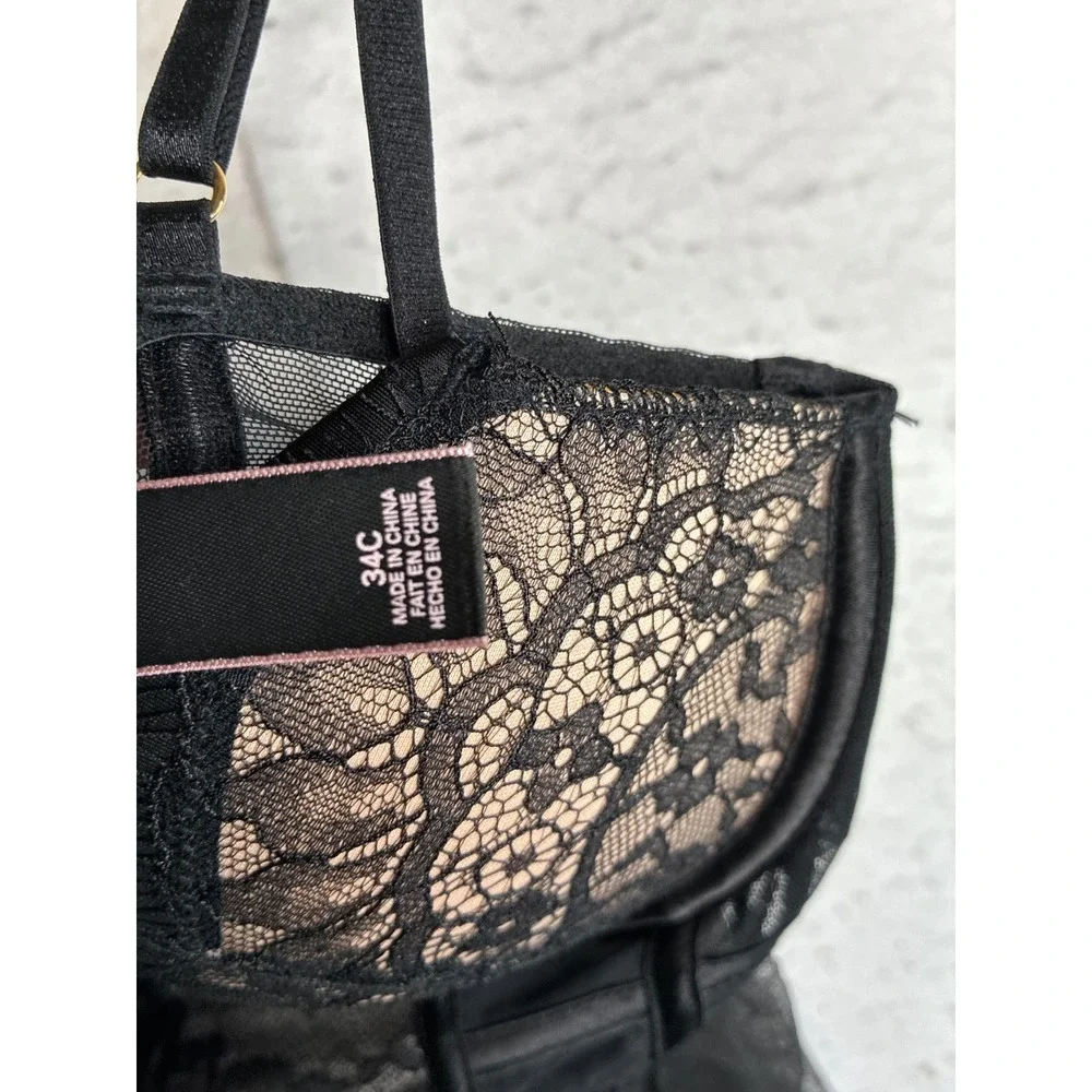 Victoria's Secret Black Lace Mesh Padded Babydoll Lingerie 34C Corset Style